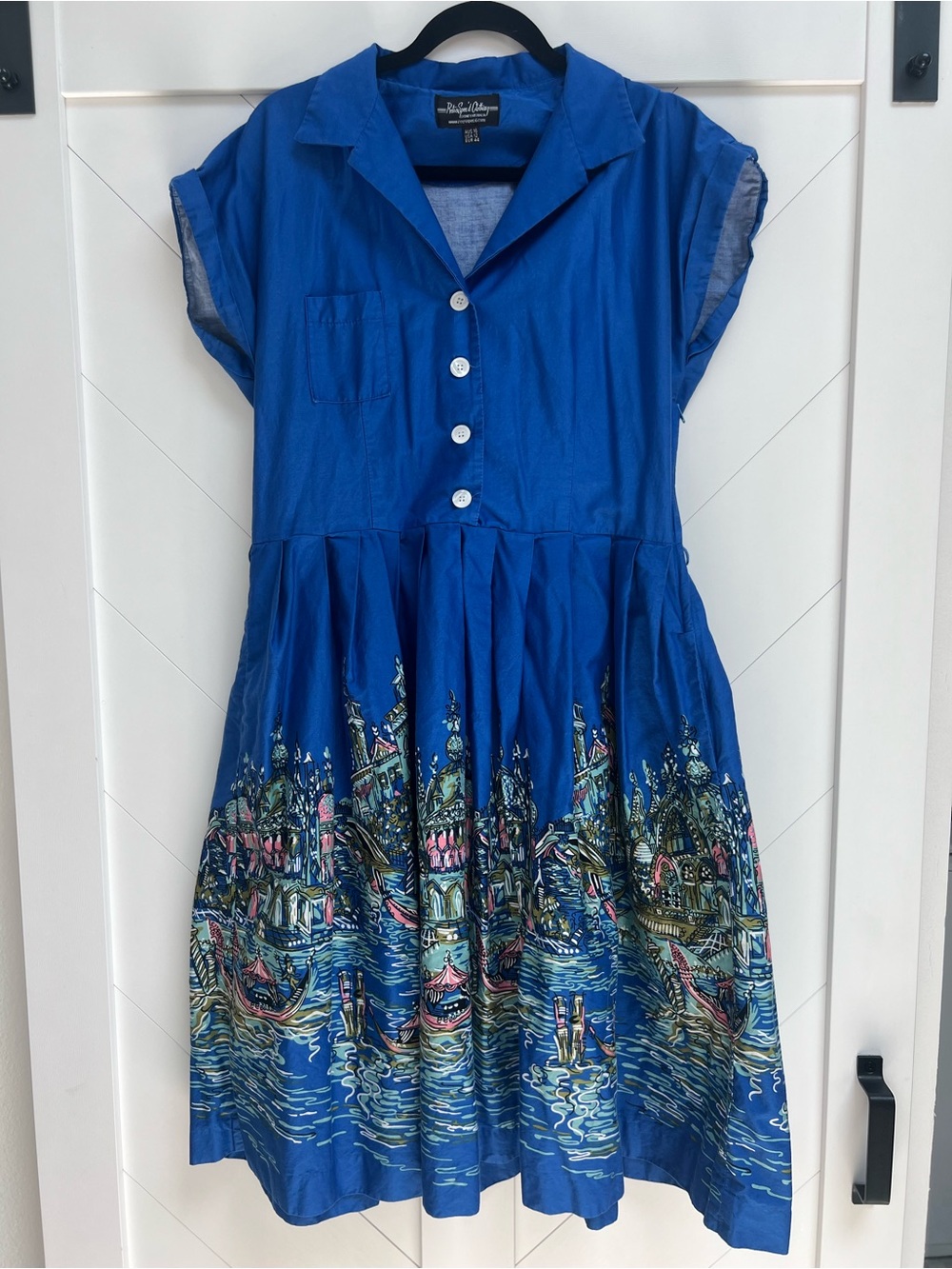 Retrospec’d Connie Grand Canal Blue Scenic Print Button-Front Casual Dress